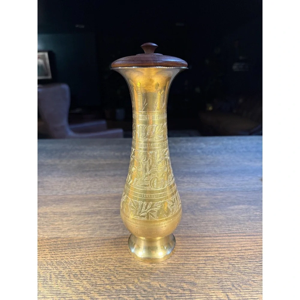 Etched‎ Brass Vase with Hand-Carved Wood Lid - Mid-Century Decor